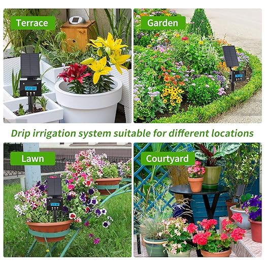 Solar Drip Irrigation System, Automatic Irrigation System for Outdoor Gardening，2200mA Battery and rain Sensing Function,for courtyards, Balconies, Gardens, 10 Potted Plants