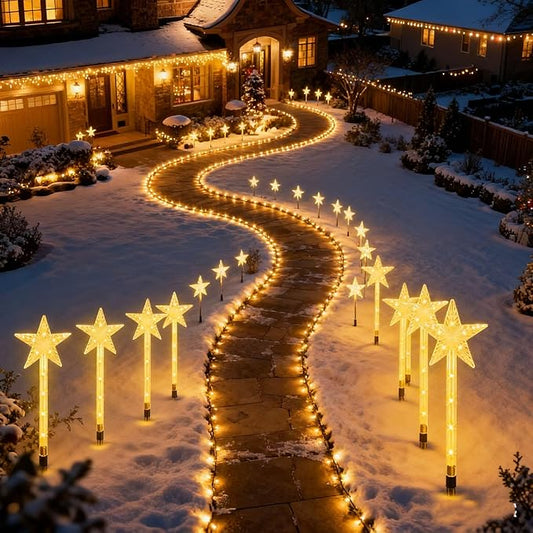 13.78FT Solar Star Pathway Lights, 8-Pack 8 Modes LED Star Stake Lights, IP64 Waterproof Christmas Decorative Lights for Yard, Garden, Walkway, Patio Holiday Party