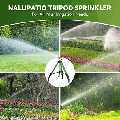 Tripod Sprinklers for Yard,Nalupatio Impact Sprinkler on Tripod Base,Heavy Duty Brass Sprinklers,360 Degree Large Area Irrigation,3/4 Inch Connector Sprinkler with Legs Flip Locks for Lawn/Yard,1 Pack