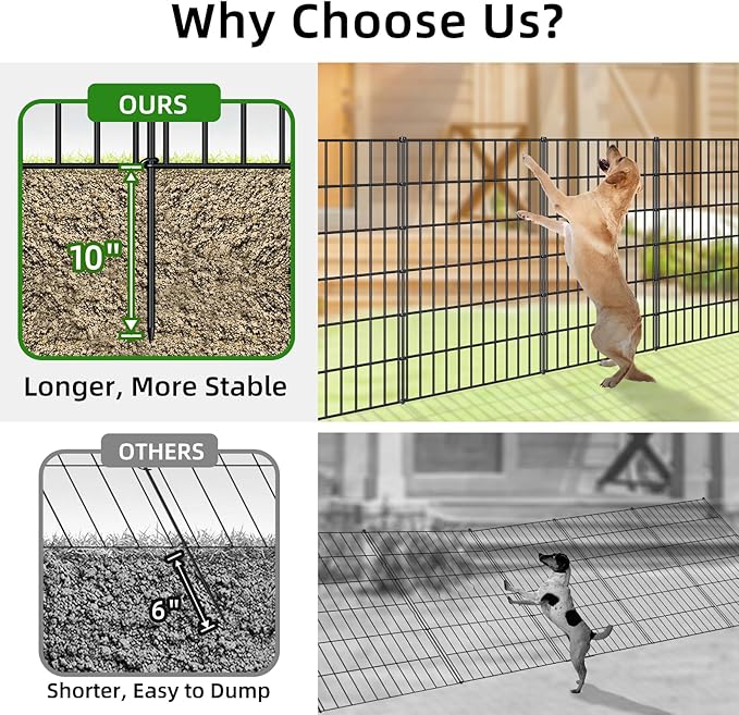 Metal Garden Fence 40in (H) x 23.3ft (L), 10 Panels + 11 Stakes Dog Fences Border Fence Animal Barrier, No Dig Garden Fencing for Yard Flower Bed Lawn Patio Outdoor, PIN402810 Black