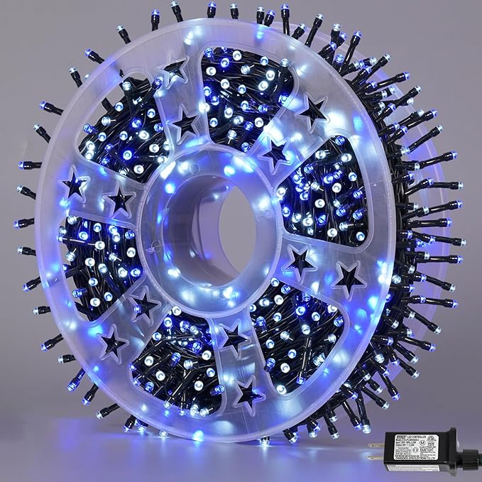 YEGUO 165ft 500 LED Christmas Lights Outdoor Waterproof, Blue and White String Light Indoor, 8 Modes Green Wire Twinkle Tree Lights Plug in with Memory Timer