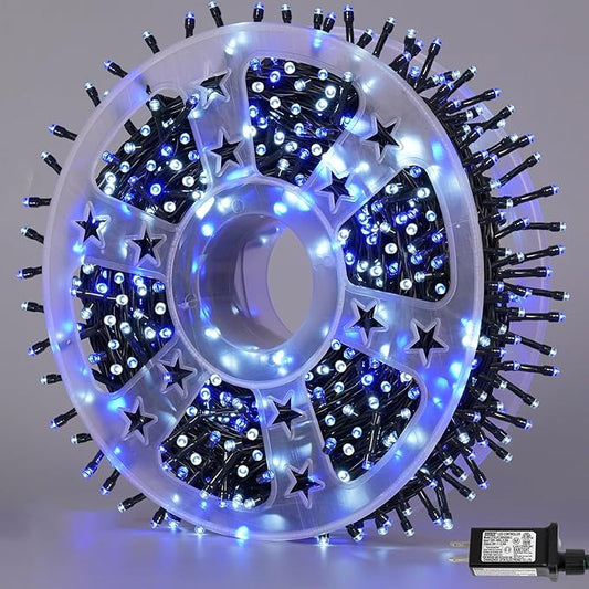 YEGUO 165ft 500 LED Christmas Lights Outdoor Waterproof, Blue and White String Light Indoor, 8 Modes Green Wire Twinkle Tree Lights Plug in with Memory Timer