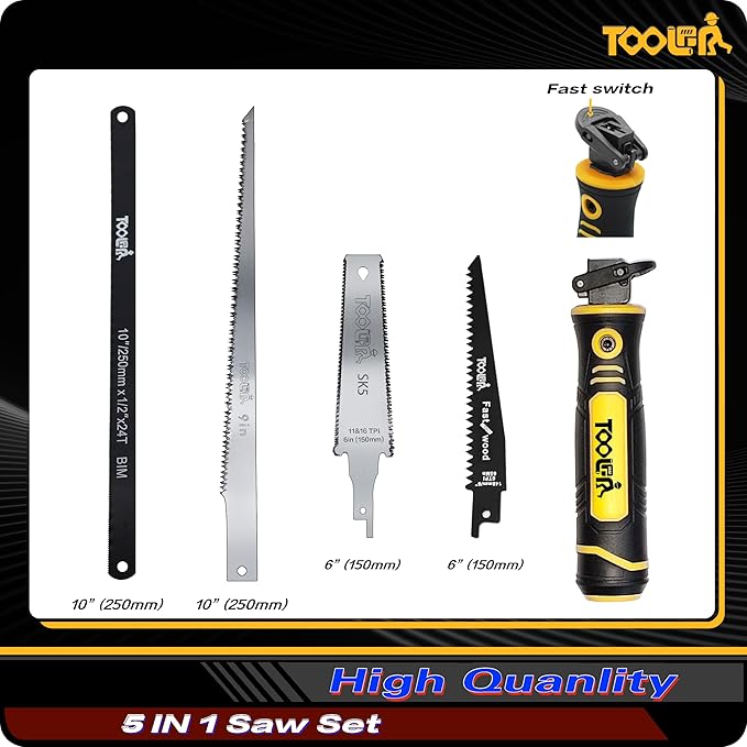 5-In-1 Multi Blades Hand Saw, 6 Inch(11T/16T) Double Edges Japanese Pull, DrywallSaw, HackSaw, Jab Saw, for Woodworking, Hard/Soft woods cutting, Metal, Blade Quick Change Mechanism.