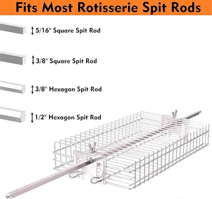 Stainless Steel Flat Rotisserie Grill Basket Large Size, Fits 1/2" or 3/8" Hexagon, 3/8" or 5/16" Square Spit Rod, If 3/4" Square Spit Rod MUST Use Together With DEWOSEN Rotisserie Forks
