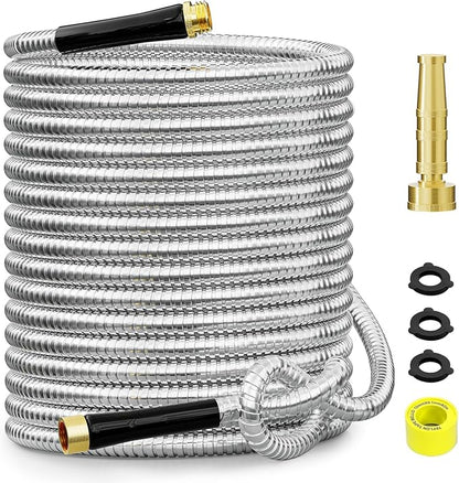 SPECILITE 100 ft 304 Stainless Steel Garden Hose Metal Heavy Duty Water Hose, Flexible Water Hose Pipe with 3/4" Solid Brass Connectors, No-Expandable Garden Hoses with Rubber Grip for Yard, Outdoor