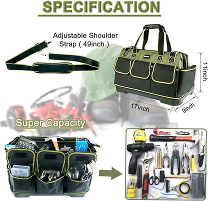 17in Tool Bag For Men Heavy Duty with Waterproof Molded Base, High Capacity Wide Mouth Tote, Construction Worker Electricians Tool Bags, Large Tool Bag Organizer for Men Women Tool Tote