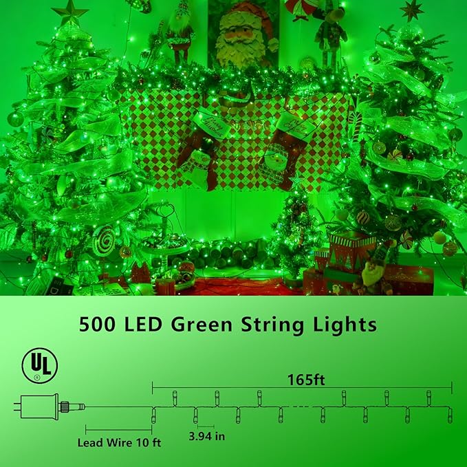 YEGUO 165ft 500 LED Christmas Lights Outdoor Waterproof, 8 Modes Green String Lights Plug in, Twinkle Christmas Tree Lights Indoor with Timer Memory