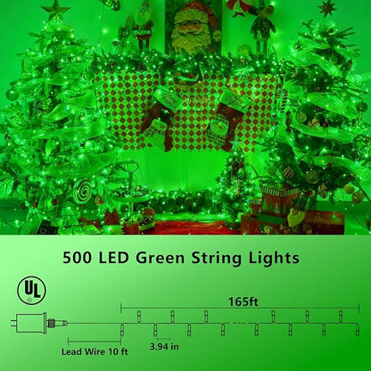 YEGUO 165ft 500 LED Christmas Lights Outdoor Waterproof, 8 Modes Green String Lights Plug in, Twinkle Christmas Tree Lights Indoor with Timer Memory