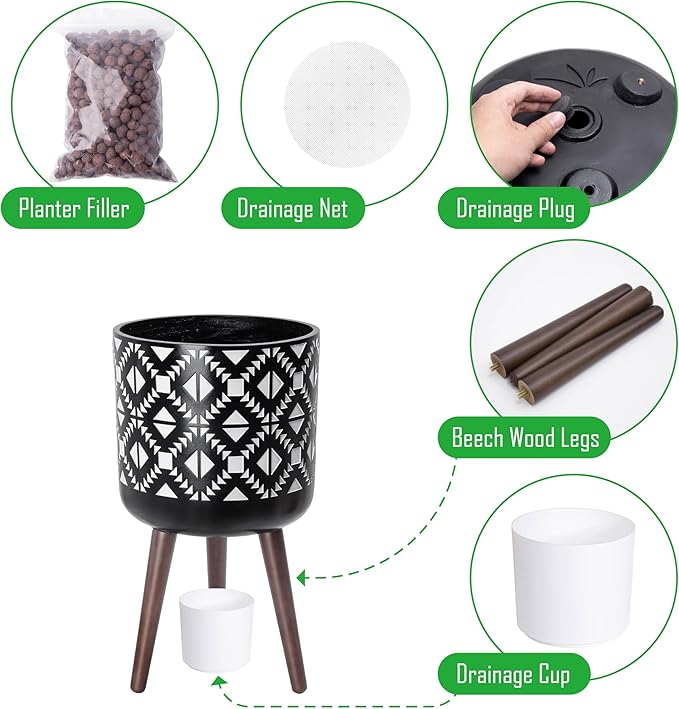 D'vine Dev 12 Inch Planter Pot with Stand, Mid-Century Tall Plant Pot with Legs for Indoor Plants, White/Black, 88-G-C-4