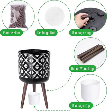 D'vine Dev 12 Inch Planter Pot with Stand, Mid-Century Tall Plant Pot with Legs for Indoor Plants, White/Black, 88-G-C-4