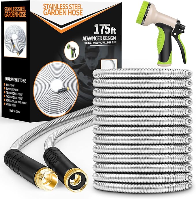 Garden Hose 175ft, Stainless Steel Heavy Duty Water Hose with 10 Function Nozzle Flexible, Lightweight, No-Kink, Pet Proof, Puncture Proof Metal Hose for Yard, Outdoor