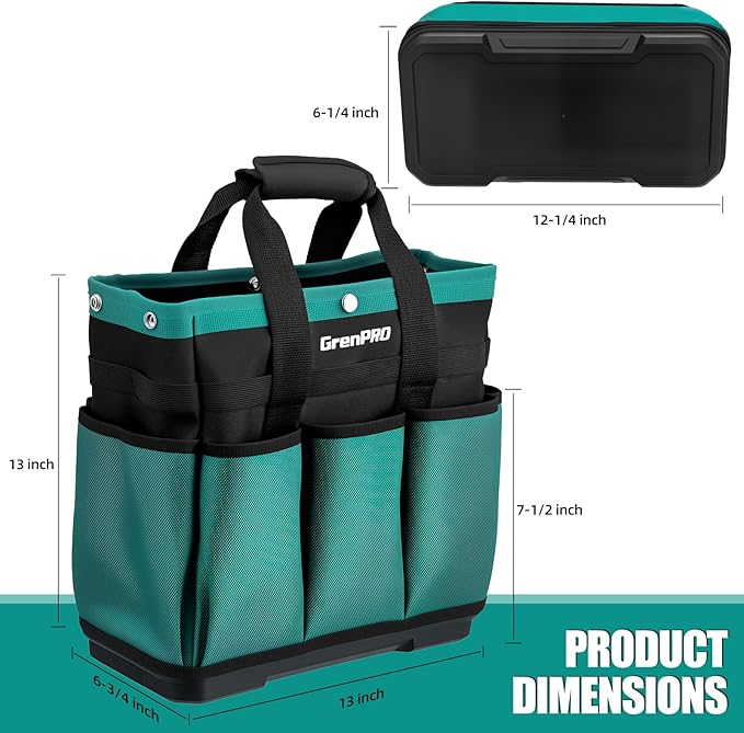 Garden Tool Bag Molded Bottom, Heavy Duty Tool Tote Toolbox with 10 Pockets, Reinforced & Top Snap Closure for Gardening Tools Storage, Dark Green(Tools Not Included)