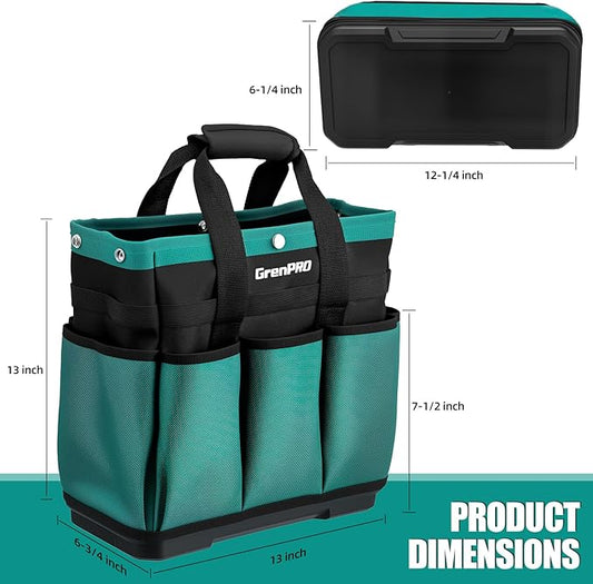 Garden Tool Bag Molded Bottom, Heavy Duty Tool Tote Toolbox with 10 Pockets, Reinforced & Top Snap Closure for Gardening Tools Storage, Dark Green(Tools Not Included)