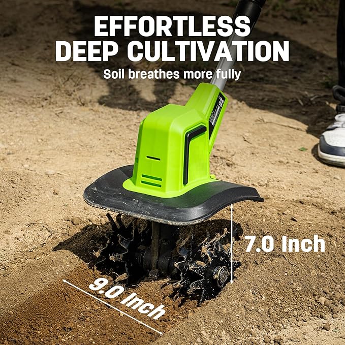 STEELITE 20V Battery Powered Tiller, 360 RPM Cordless Tiller, 400W Powerful Motor, 9-inch Tilling Width and 7-inch Depth Portable Rotary Tiller, 2×2Ah Battery & Charger Included