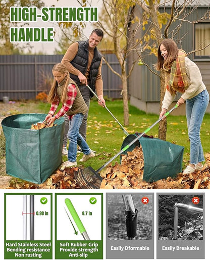 Joyhalo 65 Inch Rake for Leaves with 40 Gallon Dustpan-Typ Leaf Bags, 25 Tines Metal Leaf Rake Set for Gardening Lawns Yard Outdoor Camping Shrub Grass Bush Grass Clippings