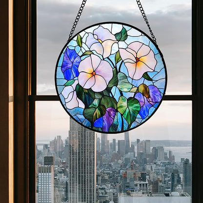 Stained Glass Window Hanging - Morning Glory Flowers Suncatcher for Door Yard Wildflowers Sun Catchers Decor Christmas Mother's Day Birthday Gifts for Women Mom Nana Friend Men 9.8 in