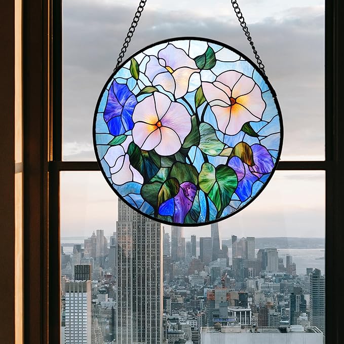 Stained Glass Window Hanging - Morning Glory Flowers Suncatcher for Door Yard Wildflowers Sun Catchers Decor Christmas Mother's Day Birthday Gifts for Women Mom Nana Friend Men 6.3 in