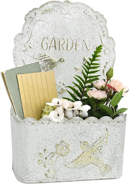 BIG FORTUNE Metal Wall Mount Planter Wall Vases for Flowers Shabby Chic Decor for Rustic Farmhouse Outdoor Decor (White)