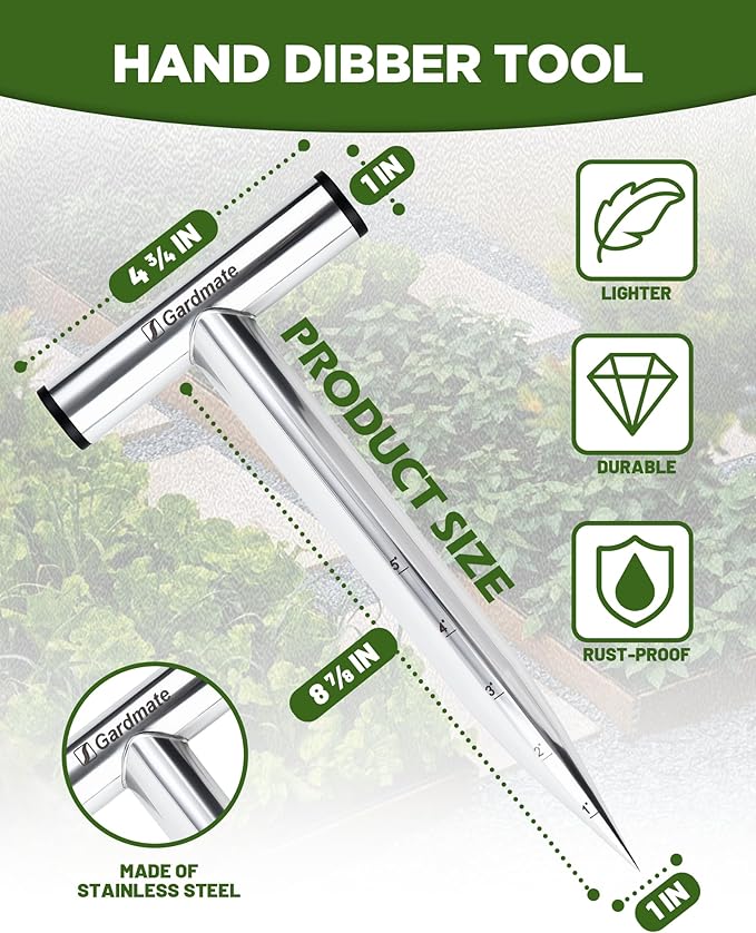 Stainless Steel Hand Dibber with Depth Markings & T-Handle, Rust-Resistant Bulb Planter Tool for Seeds, Seedlings & Bulbs – Ergonomic Design for Garden & Lawn