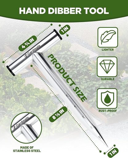 Stainless Steel Hand Dibber with Depth Markings & T-Handle, Rust-Resistant Bulb Planter Tool for Seeds, Seedlings & Bulbs – Ergonomic Design for Garden & Lawn