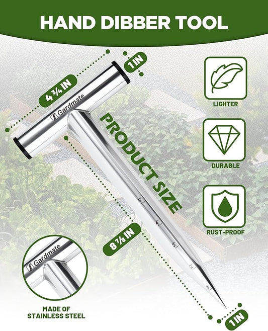 Stainless Steel Hand Dibber with Depth Markings & T-Handle, Rust-Resistant Bulb Planter Tool for Seeds, Seedlings & Bulbs – Ergonomic Design for Garden & Lawn
