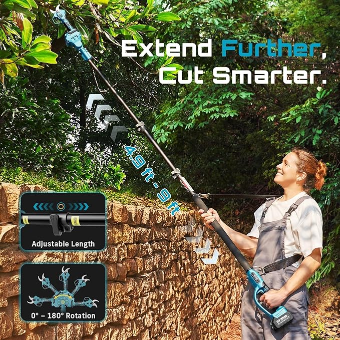 SEESII 2-in-1 Pole Pruning Shears: 1.6" Cutting Diameter Cordless Electric Pole Pruners - Brushless Motor, Dual 4.0Ah Batteries, Extra SK5 Blade, 4 Modes Adjustable Branches Cutter for Tree & Flower