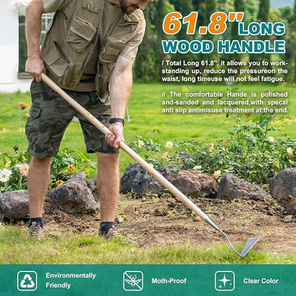 Berry&Bird Swoe Garden Hoe, 61.8'' Stainless Steel Long Handled 3 Edge Hoe with Wooden Hand, Mini Angled/Warren Hoe, Soil Cultivator Weeding Tool for Grass Flower Backyard