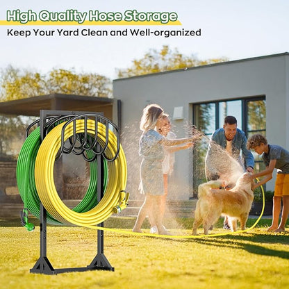 Garden Water Hose Holder Holds 2 * 150Ft Hoses, Heavy-Duty Metal Freestanding Hose Holder with 4 Spikes, Rustproof Garden Hose Reels Hose Hanger Storage for Outside, Yard, Lawn, Farm, Black