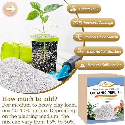 Riare 20 Quarts Organic Perlite for Plants - Horticultural Perlite Soil Amendment for Plants Potting Mix, Natural Chunky Perlite Soil Additive Conditioner Improve Root Growth, Drainage and Ventilation
