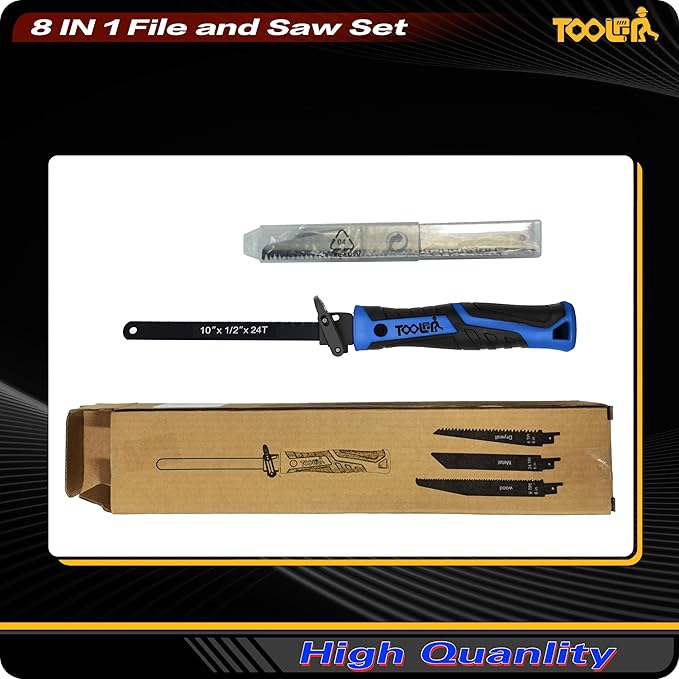 8-In-1 Multi Blades Hand Saw, Drywall Cutter. Hacksaw. Long Blade, Jab Saw, For Cutting Drywall, Sheetrock, Wood, Metel, Plastic, Plywood. Blade Quick Change Mechanism. Blue Handle