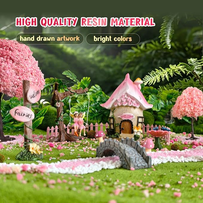 DONABELA Fairy Garden Decor Kit Pink Resin Miniature House Figurines Set Swing Directional Sign Bird Drinking Pool Fence Little Mushroom Outdoor Tiny Accessories Supplies