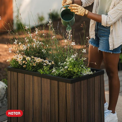Keter Signature 21.7 Inch Tall Rectangular Large Wood Look Planter for Indoor or Outdoor Flower Pot Ideal for Patio Deck and Front Porch Decor, Rosewood