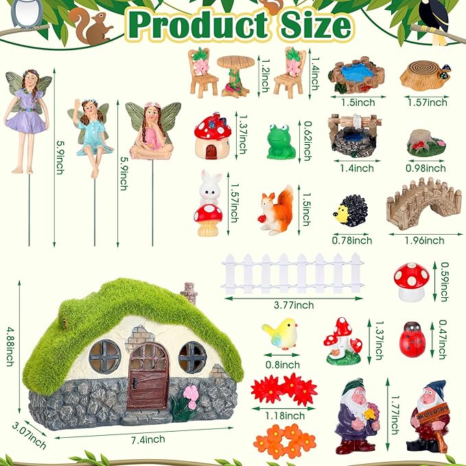 Suzile 50 Pcs Solar Fairy House Garden Accessories Light up Flocked Fairy House Garden Kit Green Resin Miniature Mushroom Figures Micro Landscape Ornament(Stone House)