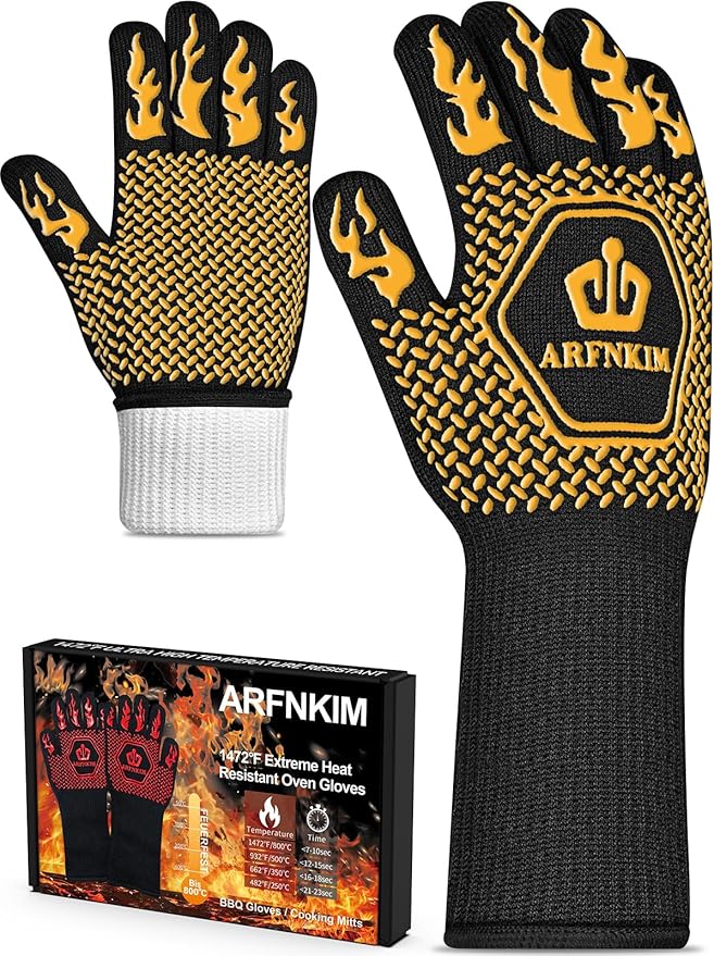 BBQ Oven Gloves, 1472℉ 3-Layers Heat Resistant Oven Mitts Silicone Non-Slip Cooking Gloves for Barbecue, Grilling, Baking, Welding, Smoker (A Pair) (Yellow)