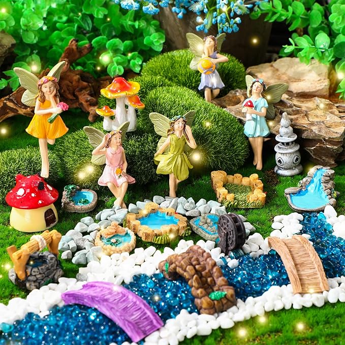 Unittype 19 Pcs Flower Fairy Accessories for Garden Outdoor Fairy Figurines Miniature Bridge Mushroom Lighthouse Water Well Pond Resin Garden Decorations Miniature Figurines for Craft