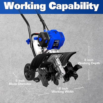 BILT HARD 46cc 4-Cycle 1.9HP Gas Powered Tiller Cultivator - 16" Heavy-Duty Steel Tines Rototiller, Adjustable Wheels & Cushioned Handle Grips for Plowing, Tilling, Weeding in Garden, Farm