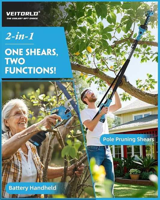 VEITORLD 2-IN-1 Cordless Electric Pole Pruning Shears, 15ft Reach, 1.2" Cutting Diameter, Battery Powered with 2 * 2.0Ah, Brushless Motor for Garden Tree Trimming, Gifts for Men Dad Him Christmas