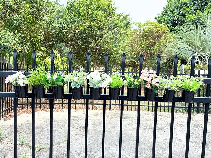 4 Pack Black Railing Planter, 6 Inch Metal Hanging Planters for Outside Balcony Rails Fence with Detachable Hooks, Flower Pots Outside for Garden Patio (Black, Pack of 4)