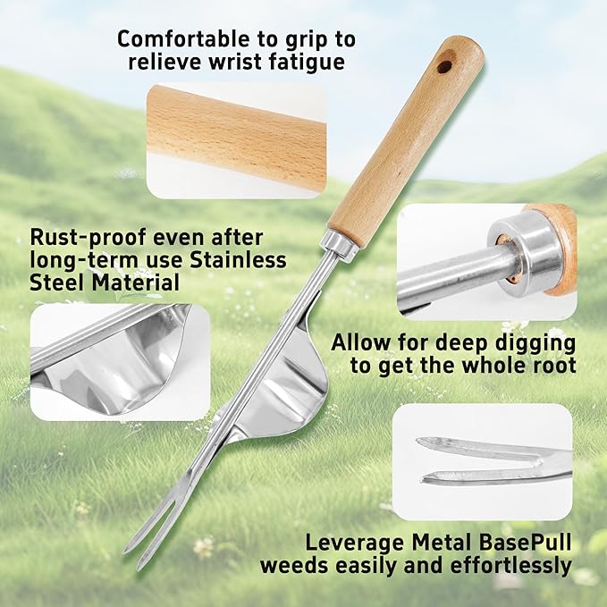 Garden Weeding Tool, V-Shaped Stainless Steel Weed Puller with Ergonomic Wood Handle, Heavy Duty Manual Hand Weeder Fork for Lawn, Farmland & Patio, Deep Root Removal Tool