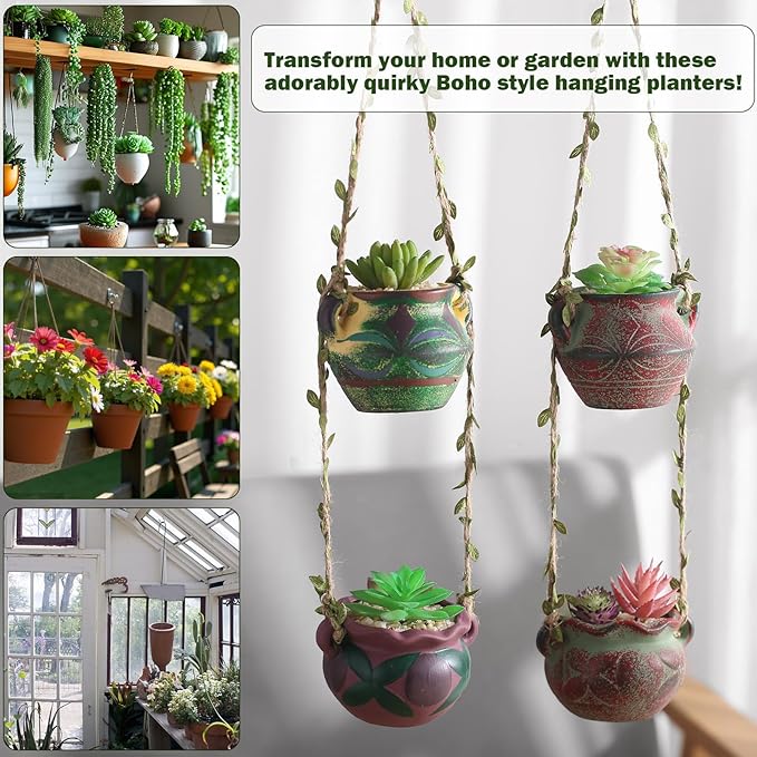 4 Piece Boho Ceramic Hanging Planters with Drainage Holes – Adorable Indoor Outdoor Succulent Flower Pots, Unique Home Décor, Charming Small Planters for Plants