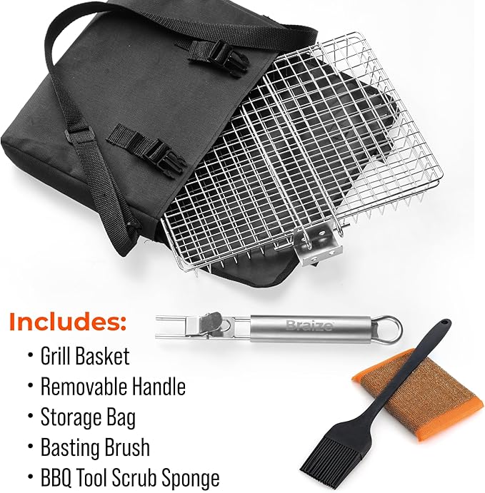 Stainless Steel Large Grill Basket with Removable Handle, Easy Open/Close Lid, Included Silicone Basting Brush & Steel-fiber Scrub Sponge - Perfect for Outdoor Cooking, BBQ, and Camping (12.25 x 9.5 x 1.5 Inches)
