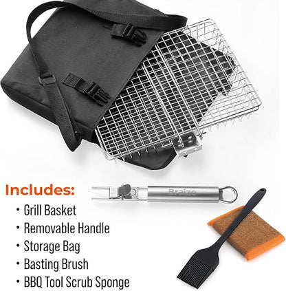 Stainless Steel Large Grill Basket with Removable Handle, Easy Open/Close Lid, Included Silicone Basting Brush & Steel-fiber Scrub Sponge - Perfect for Outdoor Cooking, BBQ, and Camping (12.25 x 9.5 x 1.5 Inches)