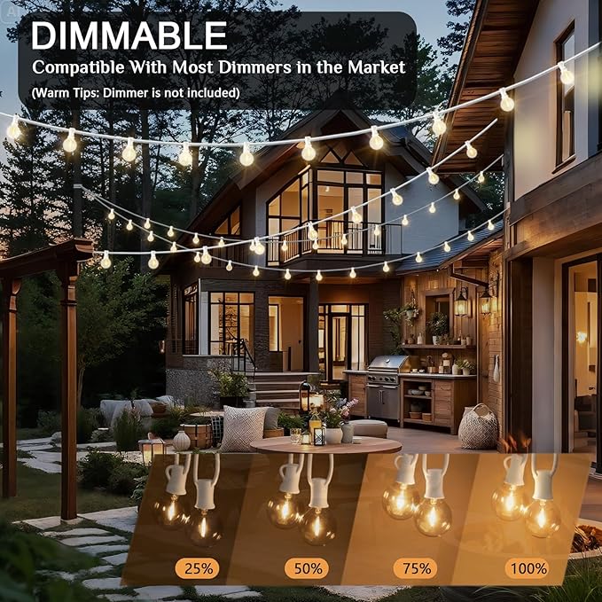 25FT LED Outdoor String Lights Waterproof Shatterproof with 25 Clear Plastic Bulbs & 2 Spares, White Wire for Cafe Garden Balcony Party Decor