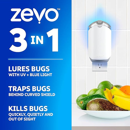 Zevo Flying Insect Trap & 3 Refill Cartridges - Plug in Fly Trap & Indoor Bug Catcher for Gnats, House & Fruit Flies - Blue & UV Light Technology, Mess-Free Alternative to Bug Zapper