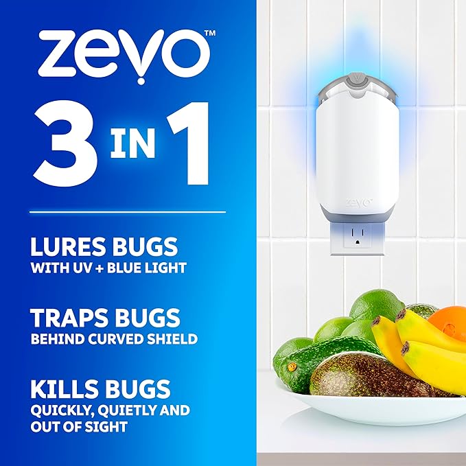 Zevo Flying Insect Trap & Cartridge - Plug in Fly Trap & Indoor Bug Catcher for Gnats, House & Fruit Flies - Mess-Free - Use in Any Room - Uses Blue & UV Light (1 Plug in Device & 1 Cartridge)