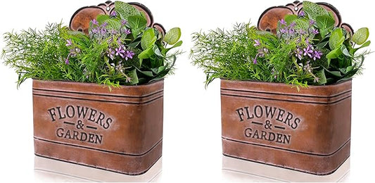 CVHOMEDECO. Farmhouse Metal Wall Planter Rustic Galvanized Flower Holder Wall Mount Flower pots for Indoor, Outdoor and Wall Decor, Set of 2 (Rusty)