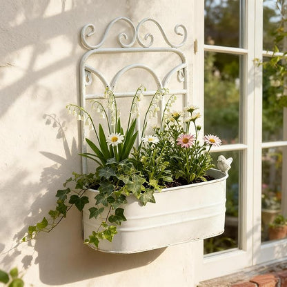 Rustic Metal Wall Planter Country Garden Wall Hanging Mount Vase Pocket Outdoor Vintage Hanging Pot Farmhouse Wall Decor for Plants Flowers (White)