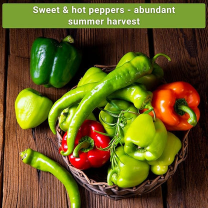 Sow Right Seeds - Hot & Sweet Pepper Seed Collection for Planting - California Wonder, Cubanelle, Sweet Banana, Poblano, Serrano, Sunbright, Cayenne, Anaheim - Non-GMO Heirloom Peppers to Plant