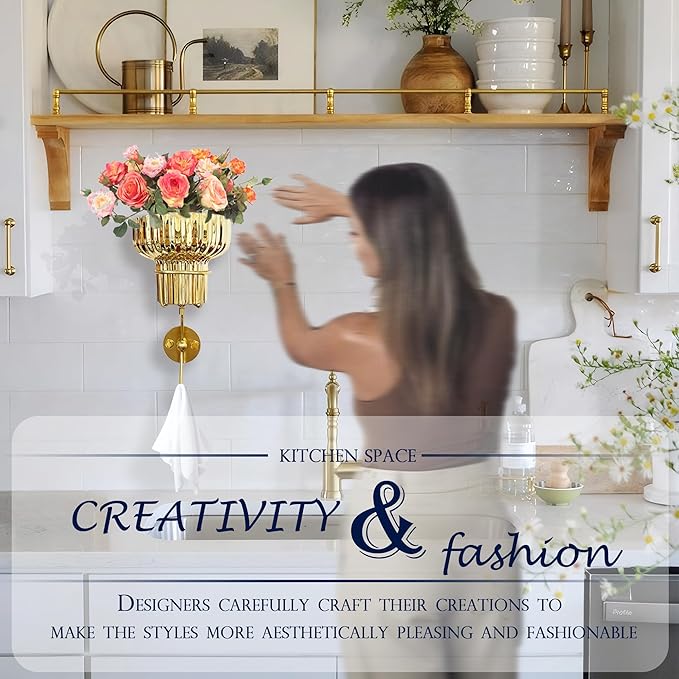 Hanging Plant Wall Vessel for Flowers with Hook, Indoor Outdoor Boho Bathroom Decor Wall Art Planter Mounted Vase (Gold)