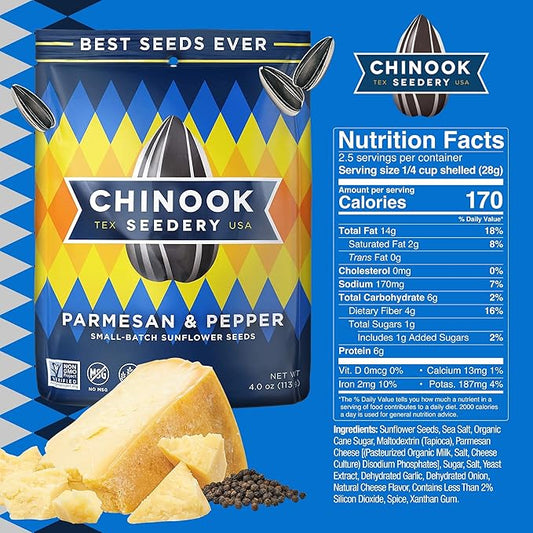 Chinook Seedery Roasted Sunflower Seeds - Jumbo Seeds Keto Snacks - Best For Snack Packs - Gluten Free, Non GMO Snack Food Gifts - 4 Ounce (Pack of 3) - Parmesan & Pepper Flavor Pack